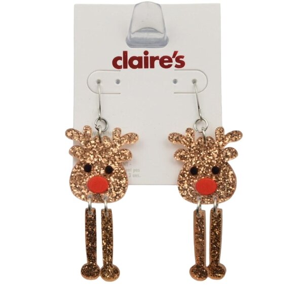Claires Glitter Reindeer Dangle Earrings Christmas Holiday - Picture 1 of 2